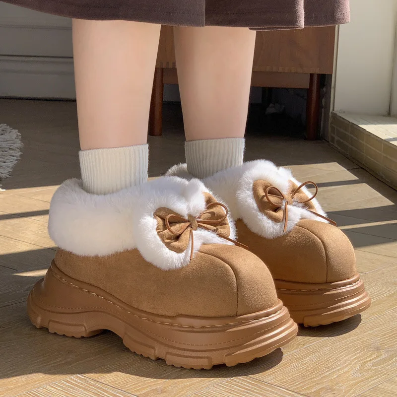 Warm Faux Fur Fluffy Slippers For Women Winter Platform Shoes Soft Plush Thick Sole Cute Bow Girls Indoor Street Snow Boots - view 5