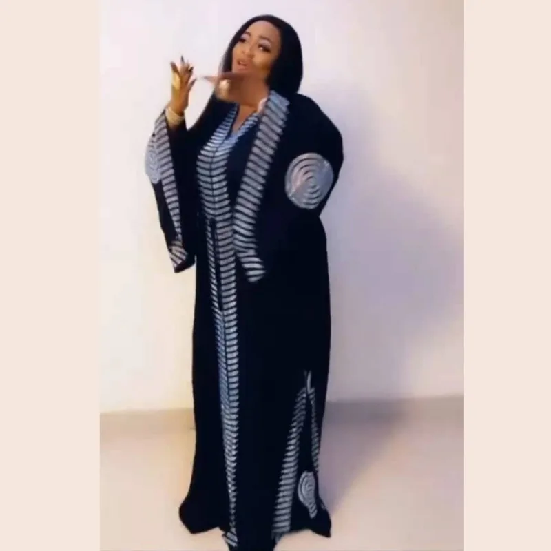 2023 Fashion New African Style Women Solid Diamonds Long Robe Sexy V-neck Full Sleeve Large Swing Long Dress with Headscarf Belt