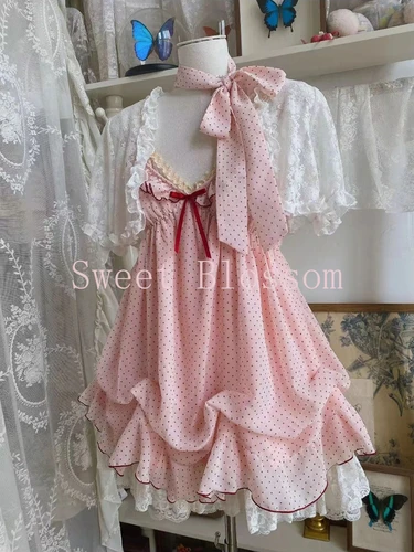 Imagen 2 del producto Conjunto de 2 piezas de moda japonesa para mujer, Mini Tops de encaje + vestido de lunares, traje Retro esponjoso Kawaii elegante, verano 2025