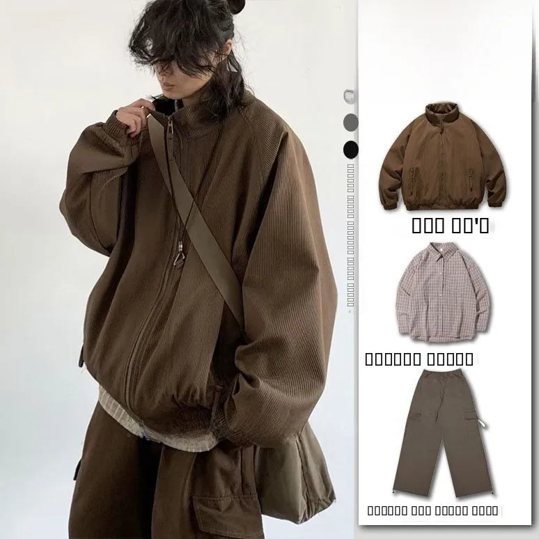 

Retro Japanese Sle Pure Color Men's Spring Autumn Jaet Loose Couple oulder Insertion Stand Collar Tee Piece Set