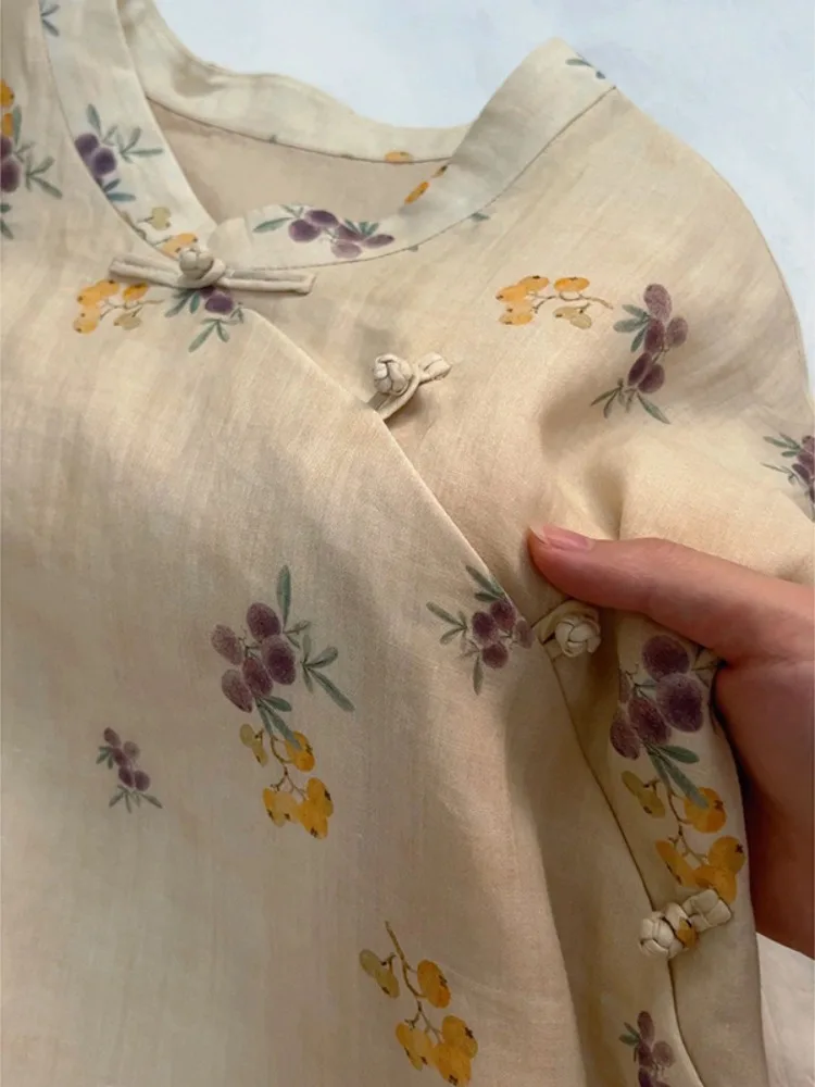 Chinese Sle Vintage Zijde Katoen Linnen Bloemenprint Dr Vrouwen Zomer Zijknop Taille Cinched Beltl Zwart...