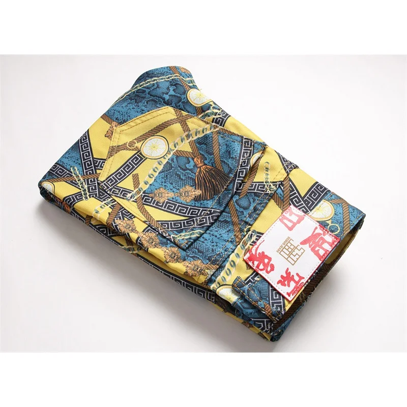 Full body printed pants men's fashion high-end men's slim fit stretch feet personality trendy handsome party casual jeans
