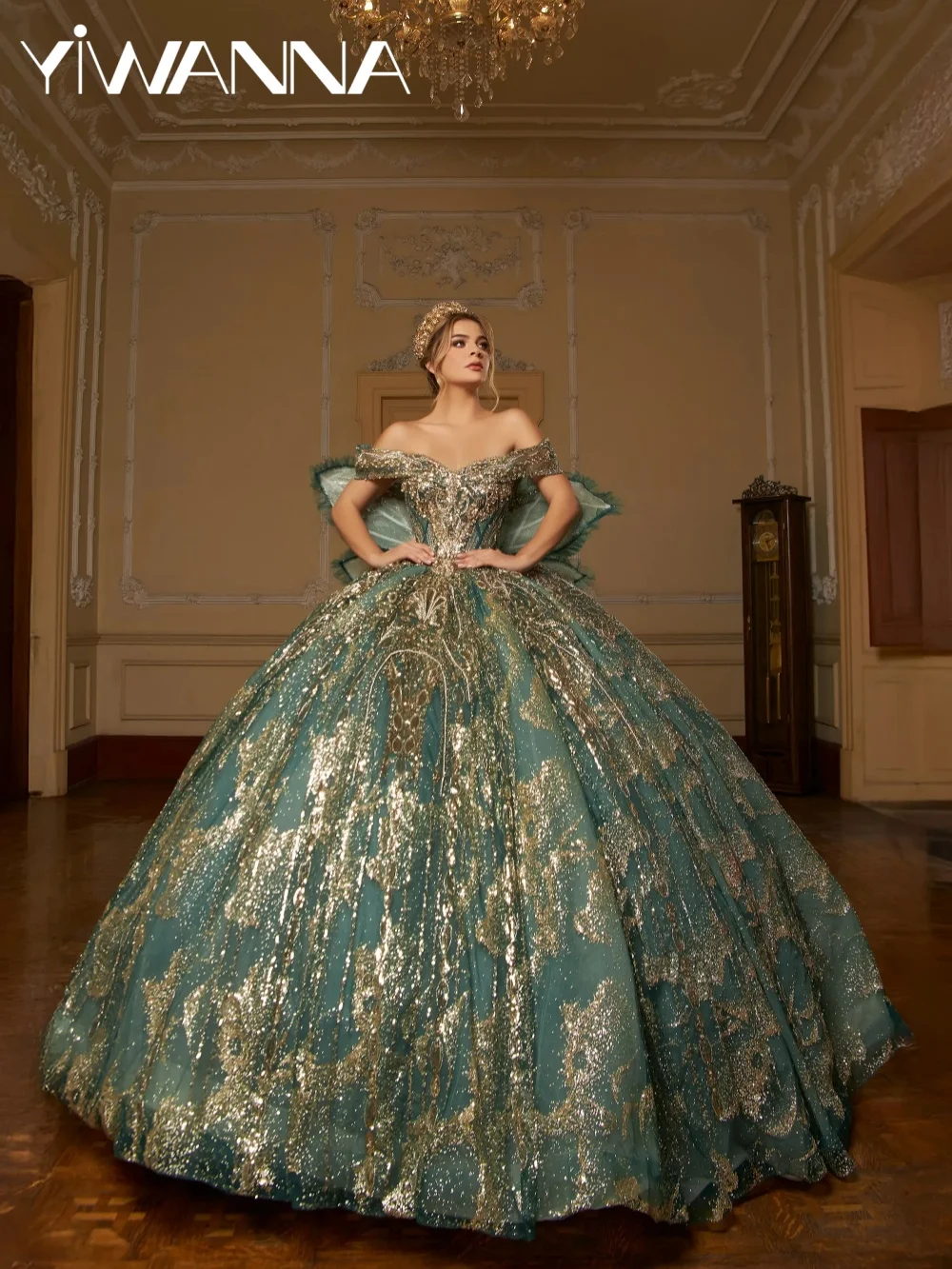 

Новое изумрудно-зеленое золотое платье для выпускного бала с бисером, великолепное бальное платье в пол с открытыми плечами, платье для Sweet 16, Vestidos