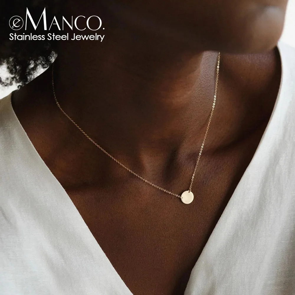 eManco New Round Necklace Stainless Steel Hammered Plain Blank Fashion Punk Necklace Women's High Jewelry Holiday Gift