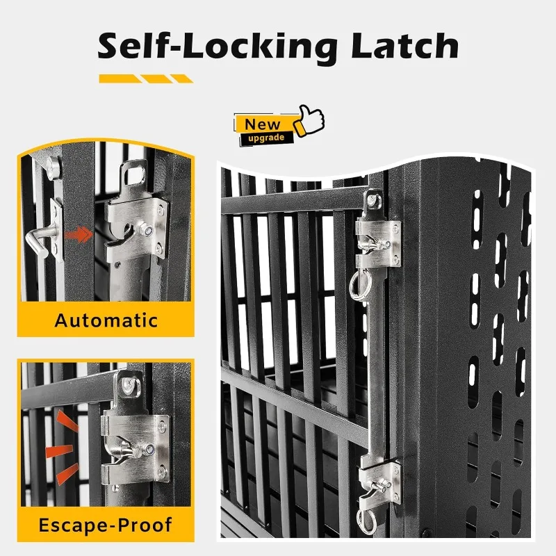 Duty Dog Crate Self-Locking Latch for High Anxiety Dogs,Indestructible Large Kennel Indoor,Removable Trays Lockable Wheels