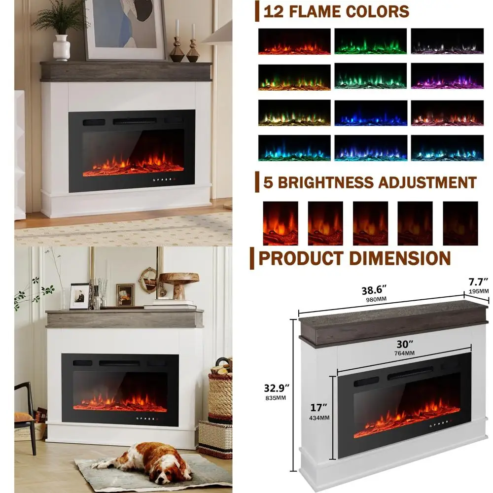 

Freestanding Electric Fireplace Insert with 12 LED Colors, Log Set & Stones for Living Room