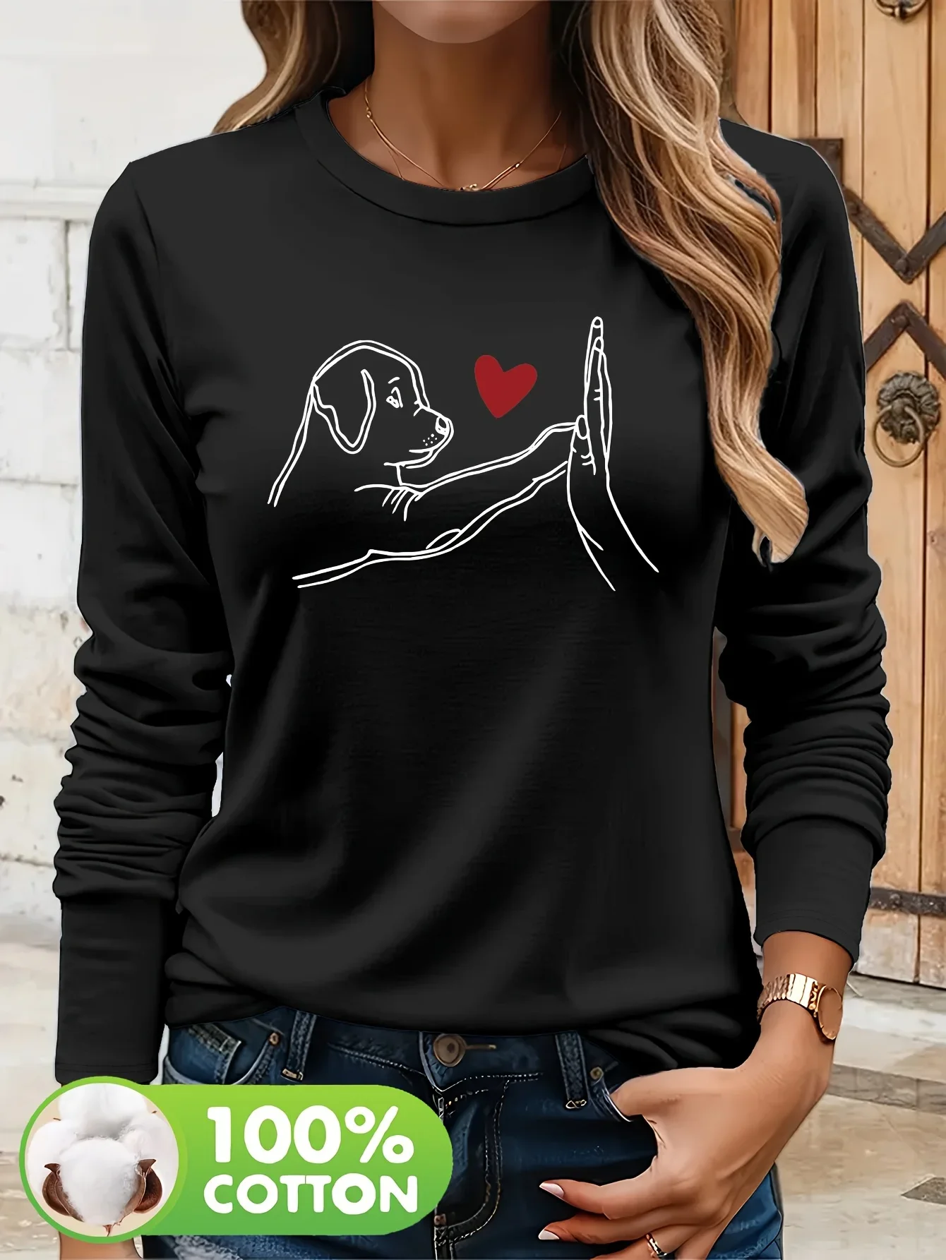 T-shirt à manches longues amusant en 100 % coton pour femmes, avec motif graphique représentant un cœur et une patte de chien, idéal pour toutes les saisons, un haut décontracté pour les amoureux des animaux, un t-shirt mignon.
