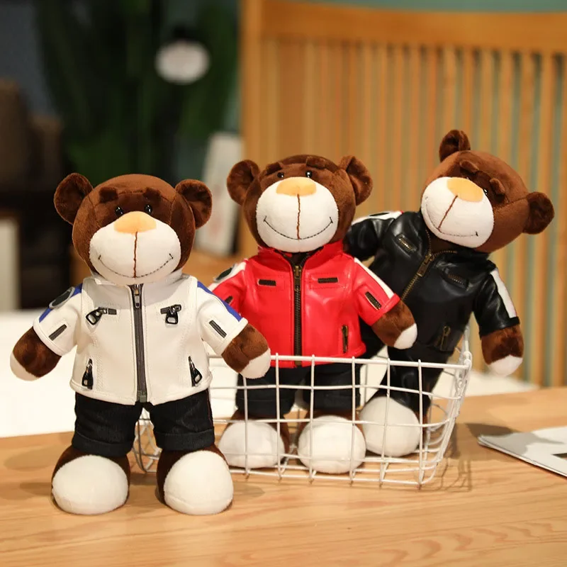 Funny Motorcycle Teddy Bear Plush Toys Stuffed Bear With Helmet Jacket Clothes Plush Dolls Soft Pillow Kids Boys Gift Present