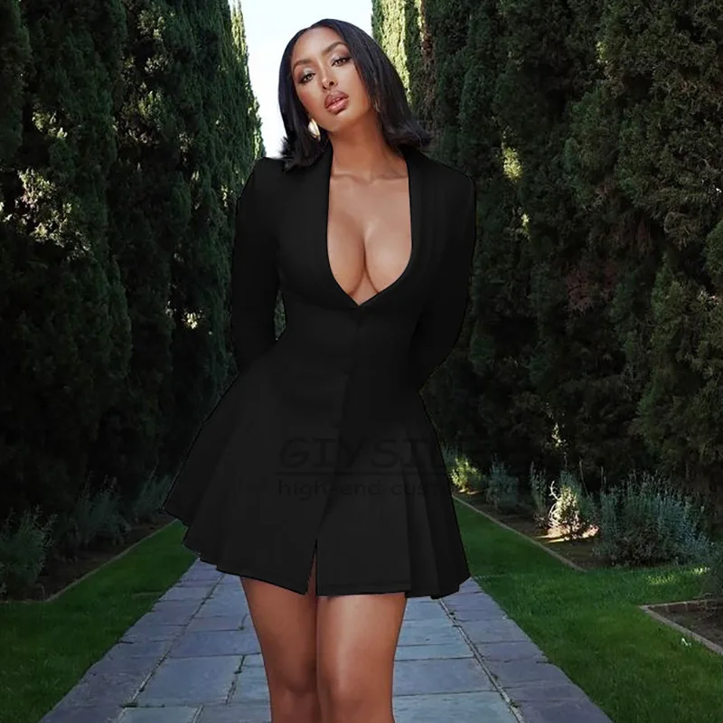 GIYSILE vrouwen Zomer Effen Kleur Sexy Diepe V Mini Jurk Enkele Breasted Lange Mouwen Verstoorde Rand Elegante Bodycon Jurken