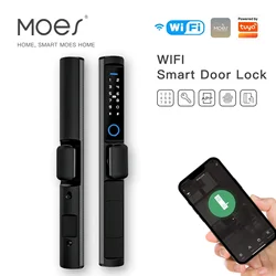 MOES WiFi Smart Narrow Side Fingerprint Coded Door Lock Remote Control Waterproof Short Handle for Slim Thin Frame Glass Sliding