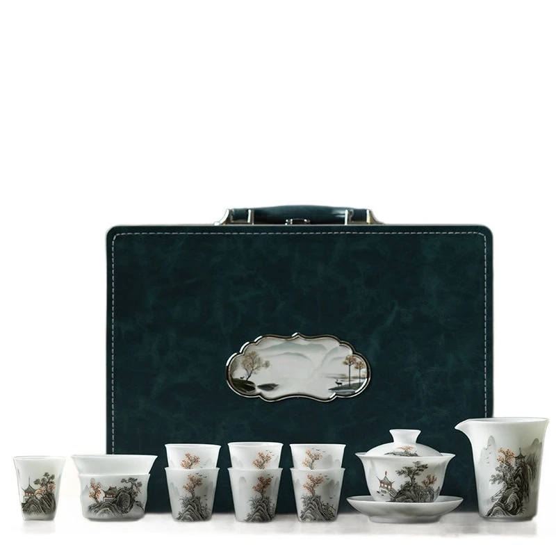 Tea set hand-painted landscape cover bowl teacup home office light luxury kung fu tea set gift
