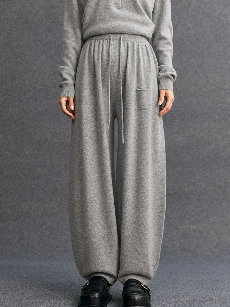 New Women Cashmere Bloomers trousers decorative pockets Autumn Winter 100% Cashmere Knitted Pants Casual Elasticity Waist Pants