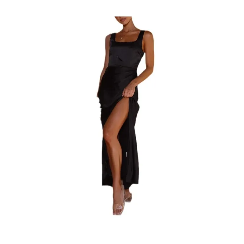 Robe Sexy en Satin de couleur Pure, dos nu, taille haute, transfrontalière, mode femme, sans manches, vêtement sensuel une pièce