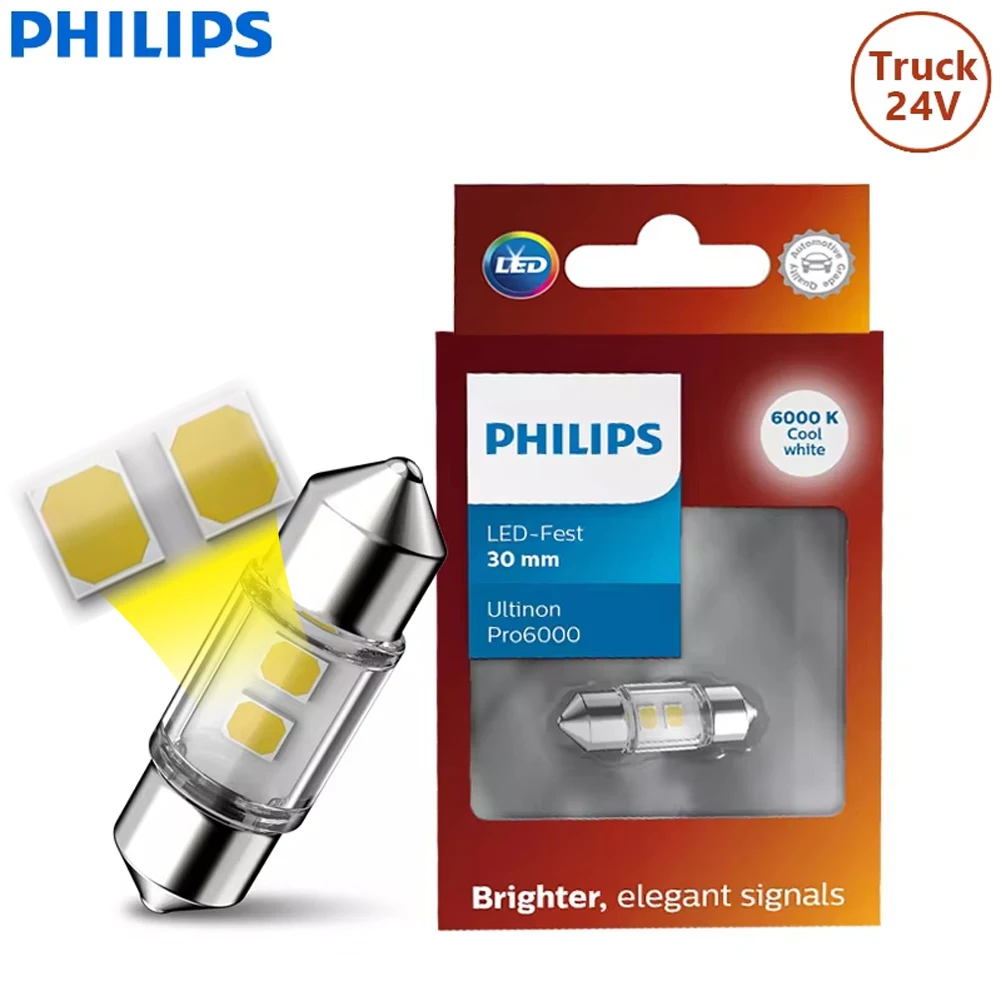

Philips 24V LED C5W 30mm Festoon Ultinon Pro6000 6000K White Fest Bulb Truck Signal Interior License Plate Lamp 24844CU60X1