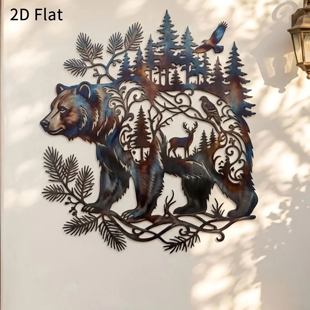 CIFBUY Metal Wall Decor, 2D Flat Cutout Bear with Forest Deer Bird Wall Sign for Cabin Garden Patio Entryway