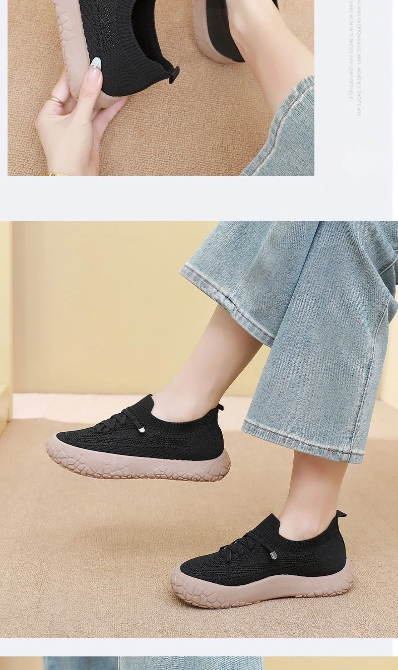 Damen-Stricksocken-Sneaker, atmungsaktives, hohles, fliegengewebtes Obermaterial, rutschfeste, rockartige Textur, dicke Sohle, leichte, lässige Wanderschuhe – Detail 27