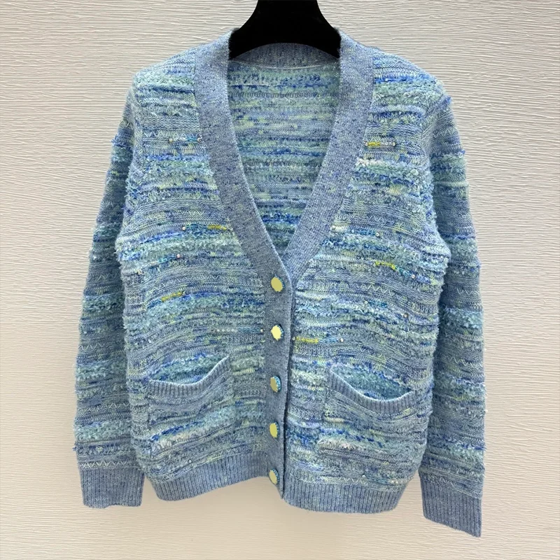 

High-quality women's knitted sweater cardigan in mixed colors with a deep V-neck and single row of buttons 25916211