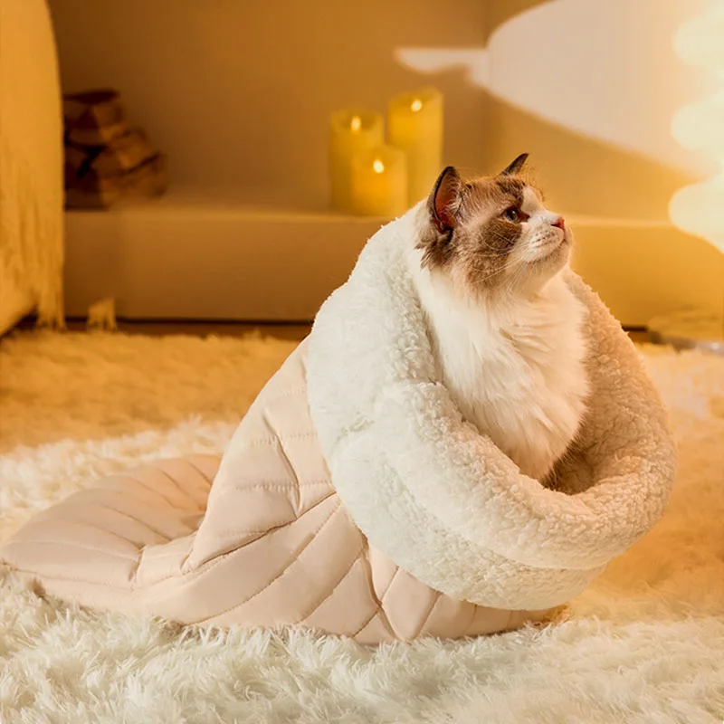 Winter Cat Nest Sleeping Bag Drill Hole Fully Wrapped Warm Safety Half Closed Kitten Nest Pet Sleeping Bag Dog Bed House