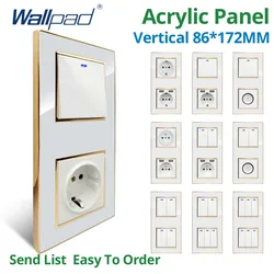 Wallpad Vertical 86*172mm White Acrylic Panel Gold Border Wall Light Switch USB Charge EU Socket Outlet 4 5 6 7 8 Gang 2 Way