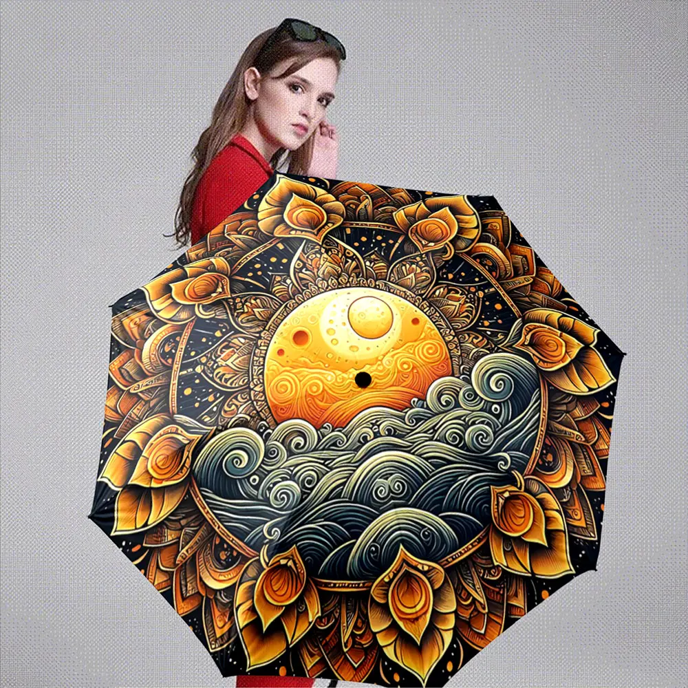 Mandala Art Design with Sun, Waves, and Lotus Patterns Portable Folding Umbrella, Gift for Family And Friends