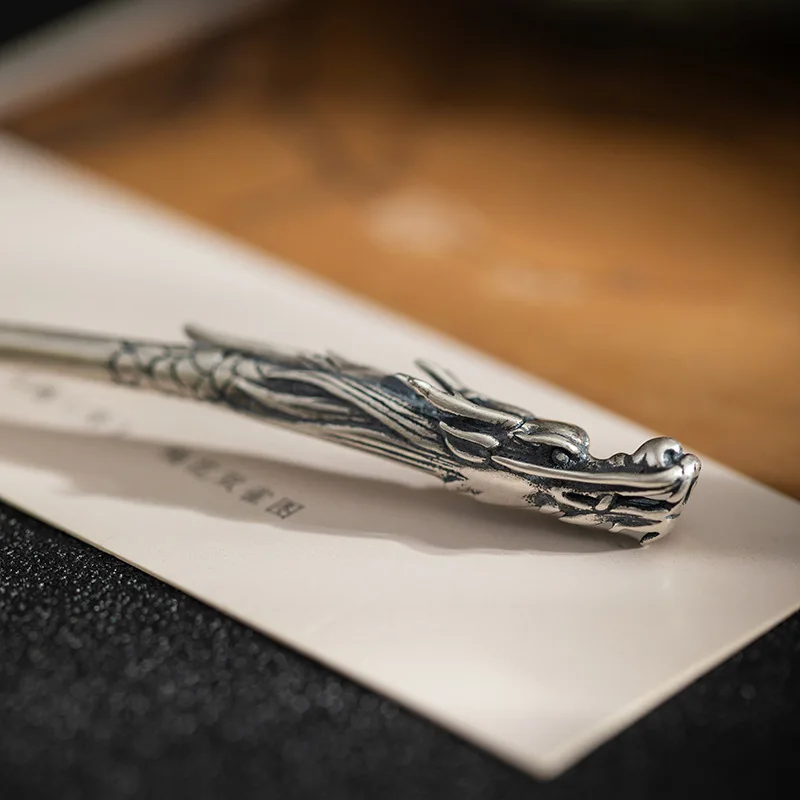 Amxiu Sterling Silver Ethnic Style Tai Silver Old Dragon Head Hairpin Ancient Style Hanfu Pan Hair Hairpin Head Jewelry