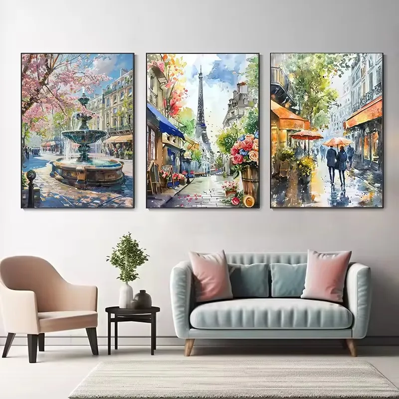 Frankreich Paris Bilder Brunnen Stadtlandschaft Aquarell Kunstposter Leinwanddrucke Wandgemälde Wohnzimmer Schlafzimmer Heimdekoration