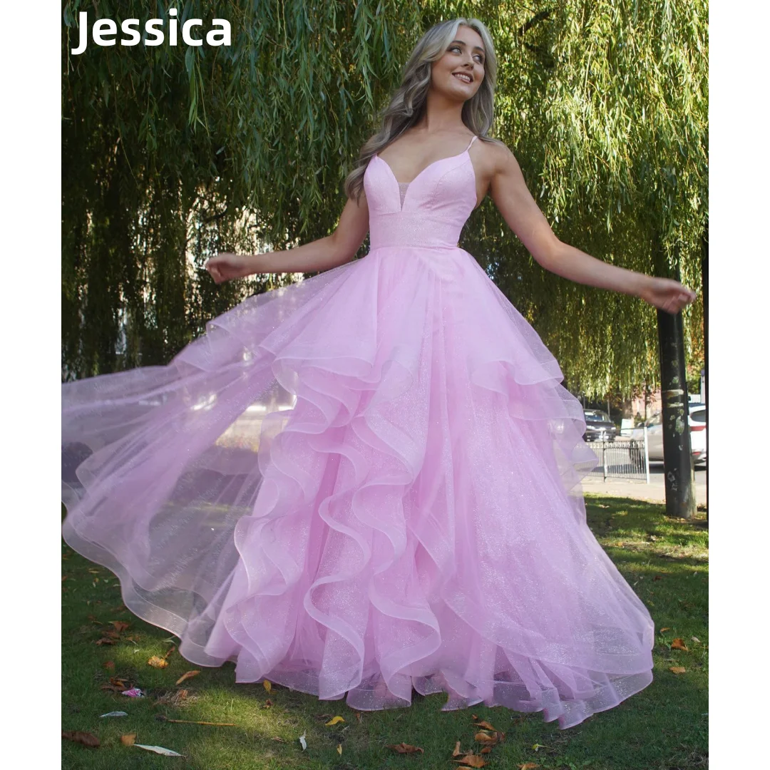 Jessica Pink Prom Dresses Glitter Tulle Graduate Evening Dresses Special Occasion Women\'s Wedding Party Dresses Robes De Soirée