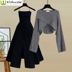 Frühling und Herbst Set Damen neue koreanische Mode Kreuz Strick pullover Alter reduzieren Sling Kleid zweiteilig Set