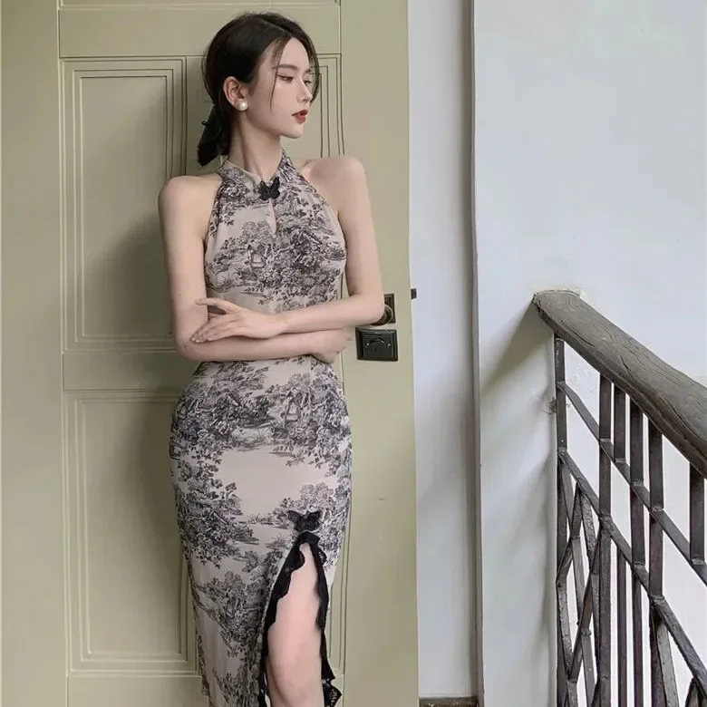 Sexy Halter Neck Long Dress Women's Chinese Style Feng Shui Black Color Cheongsam New Summer 2023 Fashion Trend