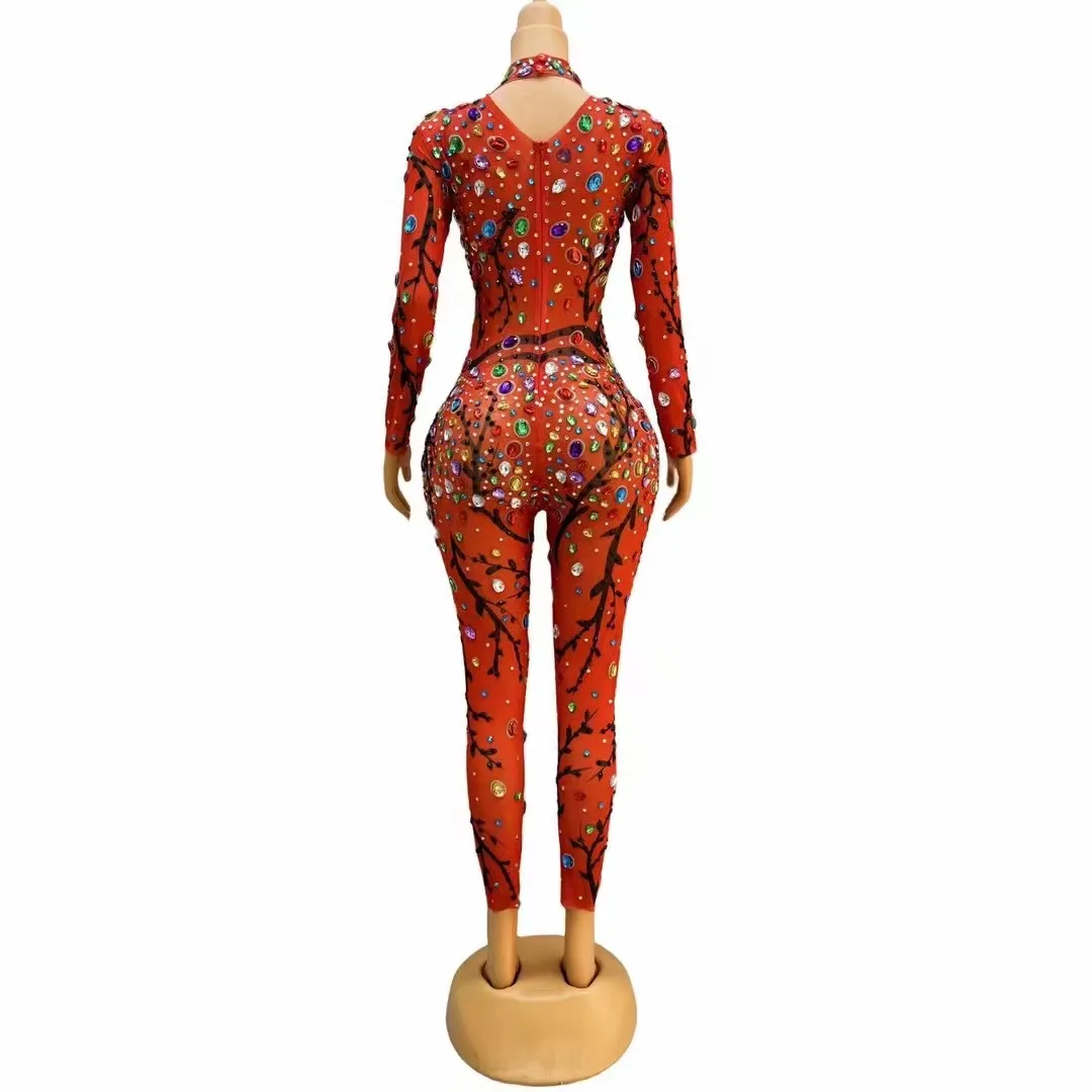 イブニング誕生日祝うクラブジャンプスーツ衣装ダンスパフォーマンス写真撮影衣装セクシーなカラフルなラインストーンメッシュボディスーツ