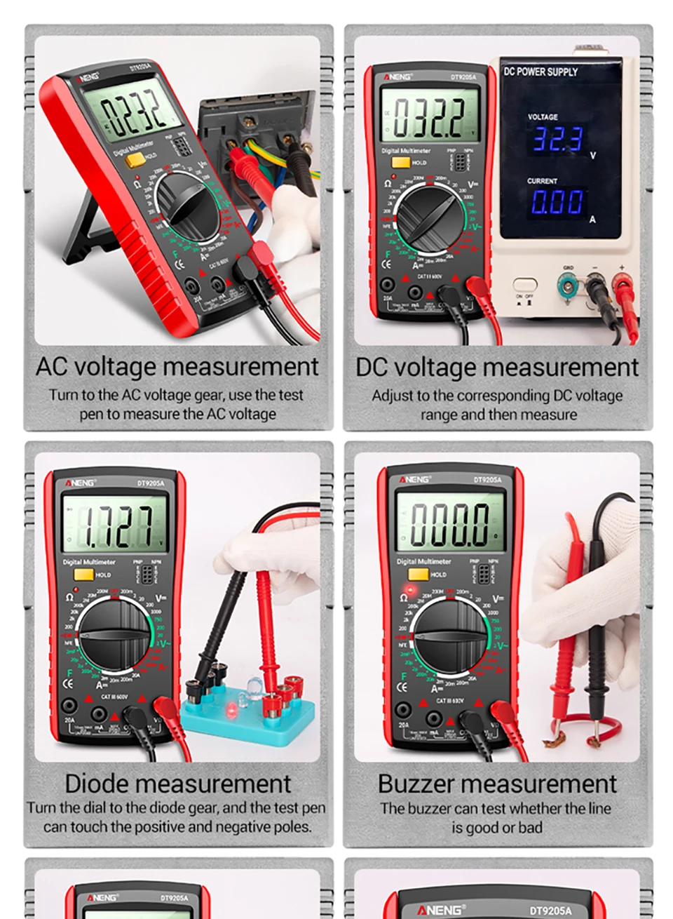 ANENG DT9205A Multifunktionales Digitalmultimeter mit 1999 Zählungen, Summer, Dioden- und Transistortest, Universalmessgerät für Elektriker – Detail 11