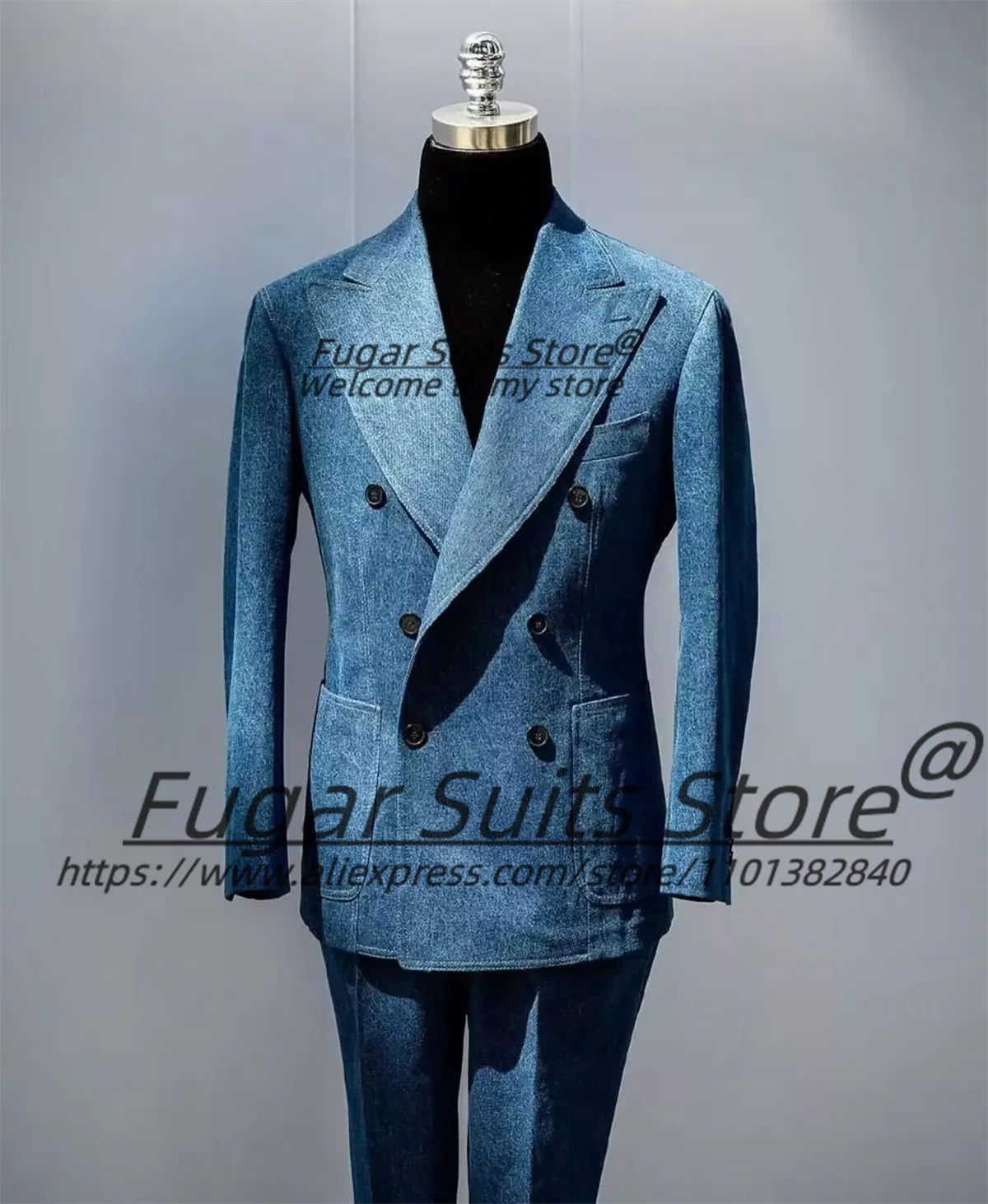 Korean style Denim Fabric Men Suits Tailor Made Double Breasted Groom Party Tuxedos 2 Pcs Sets Handsome Male Blazers Ropa Hombre