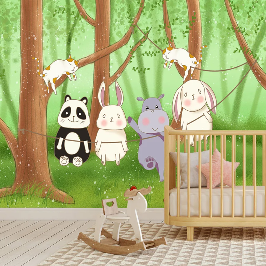 خلفيات مخصصة قابلة للتقشير واللصق لغرفة المعيشة، أوراق حائط الاتصال، لوحة الغابة الكرتونية، غرفة نوم الطفل، جداريات سرير الأطفال #1