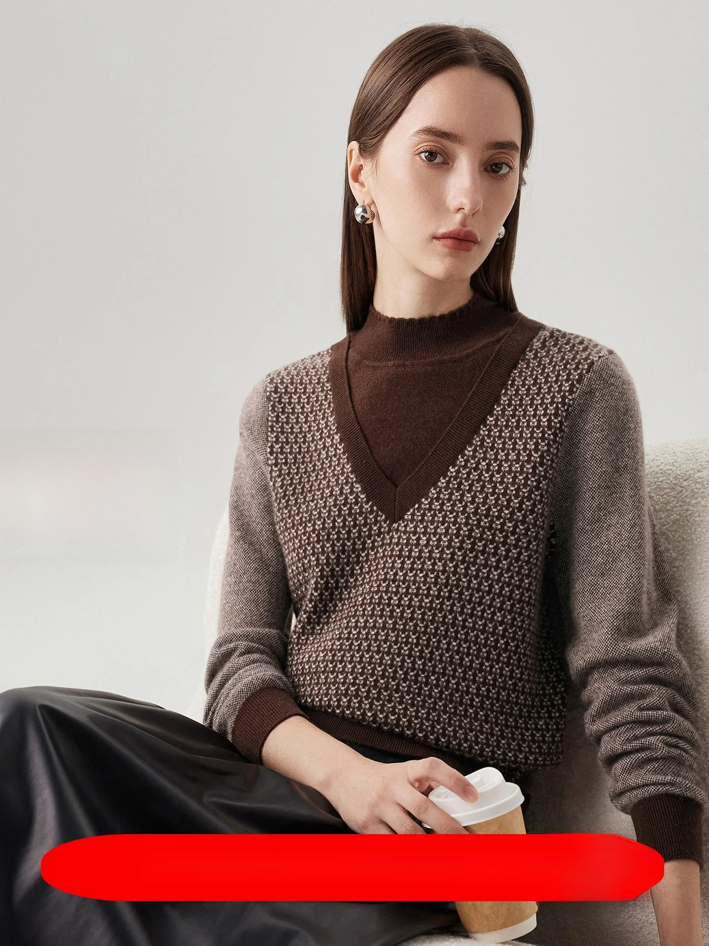 

Mao 00% Pure Wool Knitted Sweater Women's Faion Plaid Embroidery Knitwear V-ne Long Sve Straight Cut Daily Wear