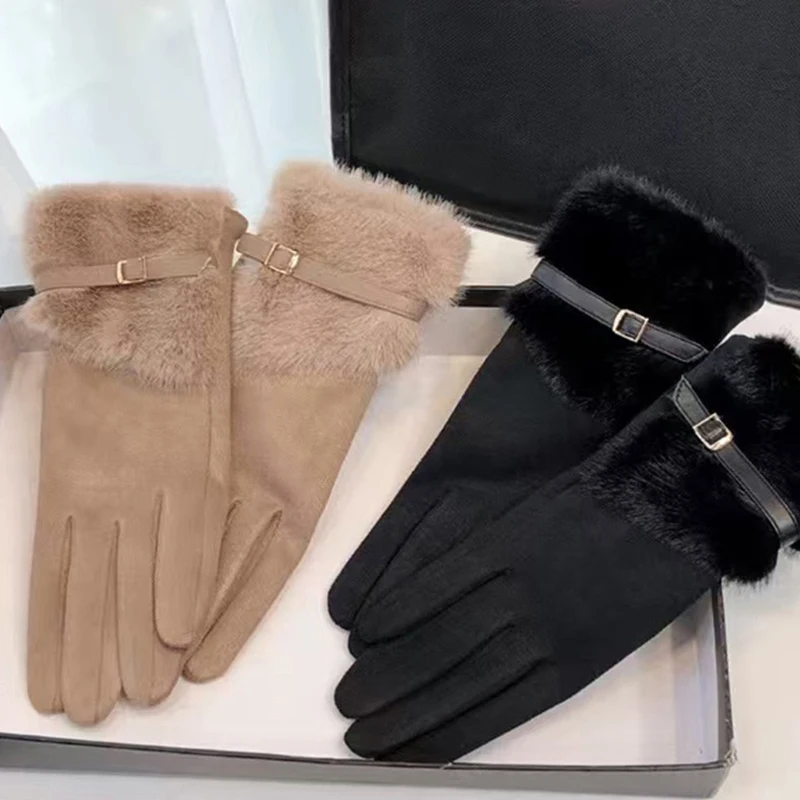 Women Keep Warm Plus Velvet Touch Screen Thicken Plush Wrist Suede Gloves Fashion Personality Elegant Drive Cycling