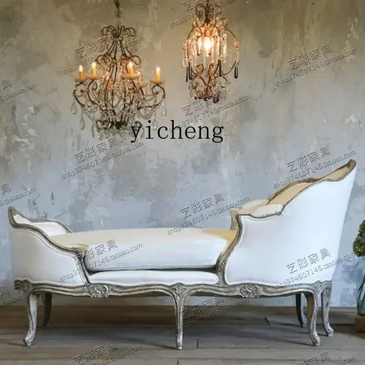 Wood Carved Linen Chaise Longue Sofa Living Room Balcony Beauty Bed Sofa