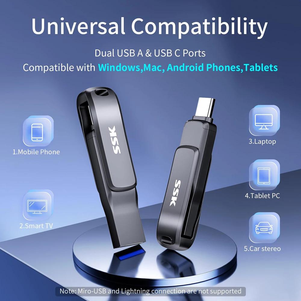 SSK Dual USB Flash Drive 256GB USB 3.2 Thumb Drive with USB Type-C and USB A USB Memory Stick for Smartphones Tablets Mac Laptop