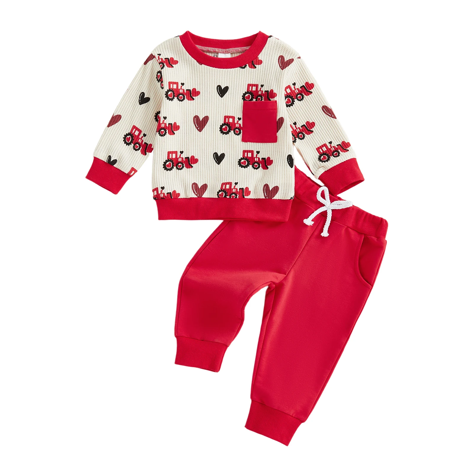 

Toddler Boy Valentine s Day 2 Piece Outfits Long Sleeve Crew Neck Heart Tractor Pattern Tops and Elastic Waist Pants Set