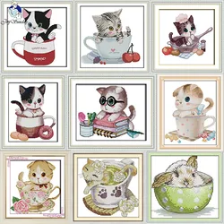 Animali da tè gatti e conigli stampa di cartoni animati punto croce Aida 14CT 11CT tessuto ago filo ricamo Set fai da te Kit artigianale per bambini