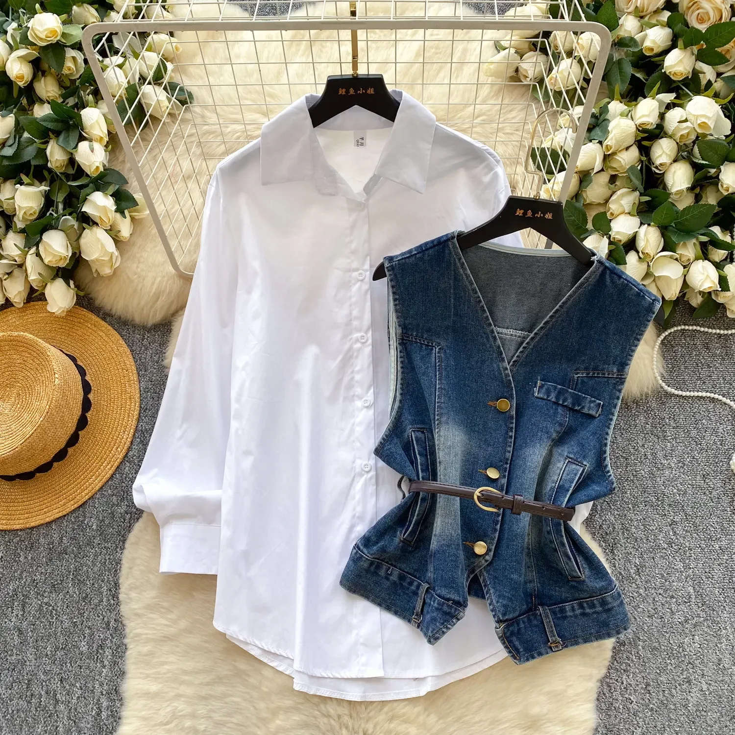 

Women's New Long Sleeve Shirt Denim Vest Waistcoat Two Piece Set Belted Ruched Waist Comfortable Casual Versatile Commute Outfit