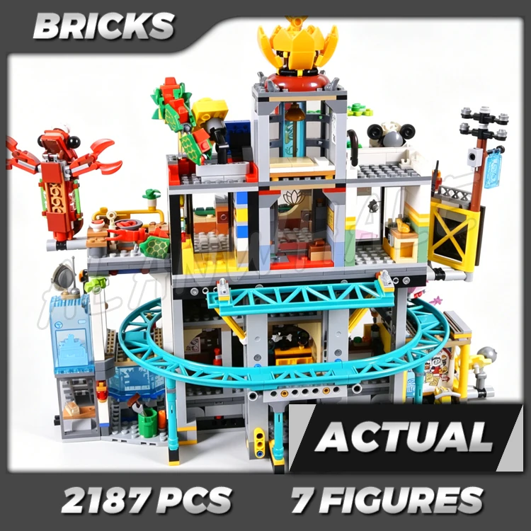 2187 piezas Monkie Kid Ciudad de los Faroles Hoteles Lotus Tiendas Panda Tren de Tránsito 86999 Kits de Construcción Juguetes Compatibles con Ladrillos