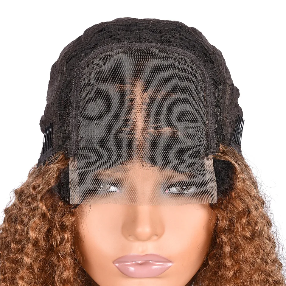 T1B/30 4x4 Lace Closure Wigs Kinky Curly Lace Closure Wig Omber Brown Human Hair Wigs BOB Wigs For Women 10\