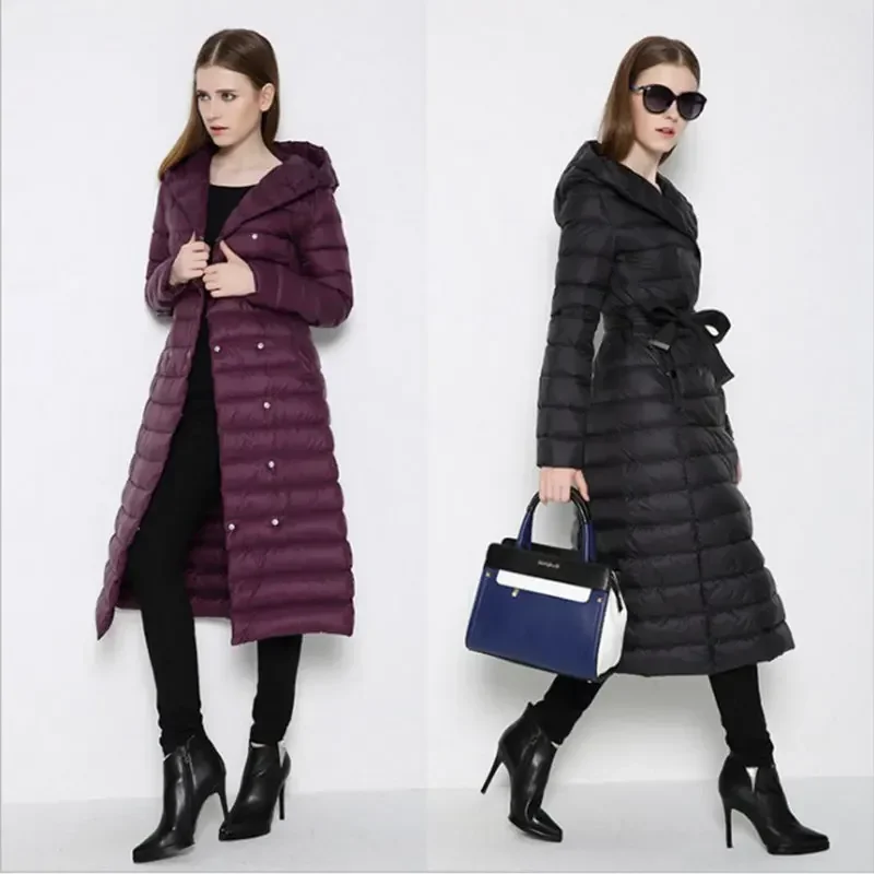 Women's Long Hooded Down Jackets, Warm Parkas, Ladies Coats, Tie Belt, Thicken Outerwear, Female Windbreaker, Winter