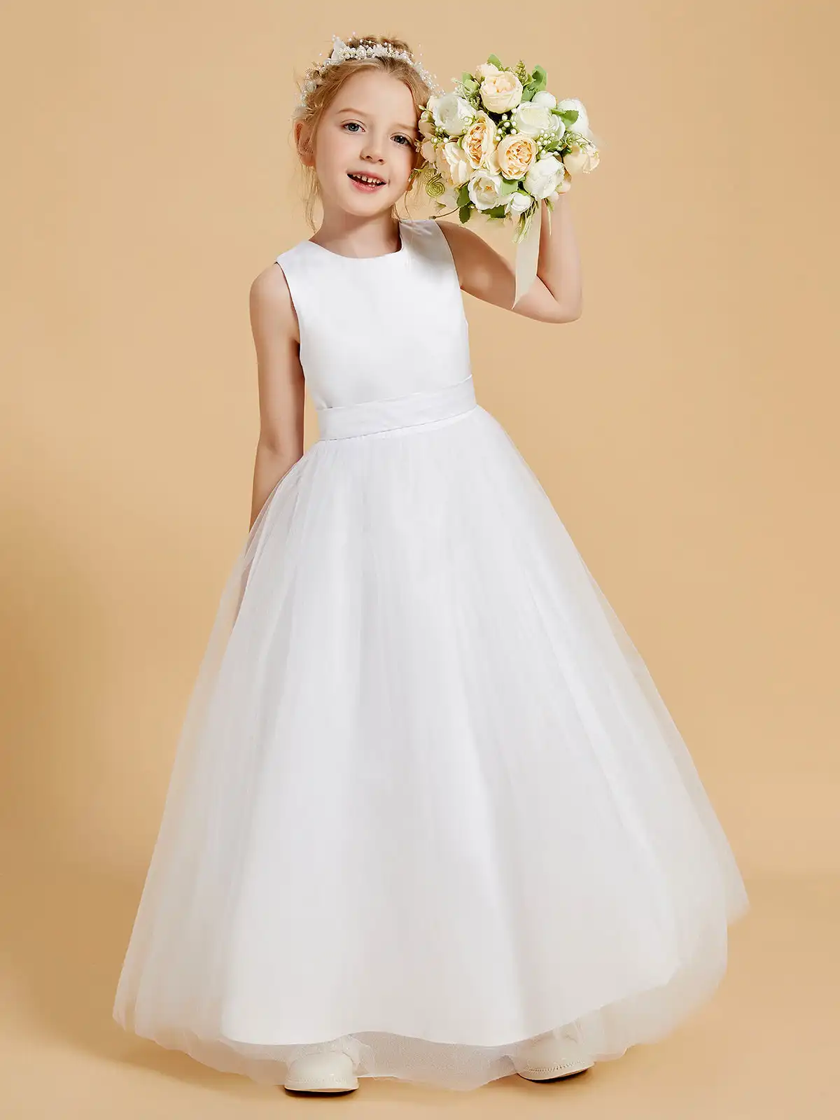 Impressionantes vestidos de flor de cetim com tule, costas abertas, andar de comprimento, Ruched, vestidos de festa infantil