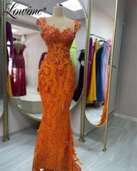 Lowime Orange Mermaid Feathers Evening Gowns Formal Beaded Crystals Arabic Party Drsses For Women 2024 Customized Prom Dresses