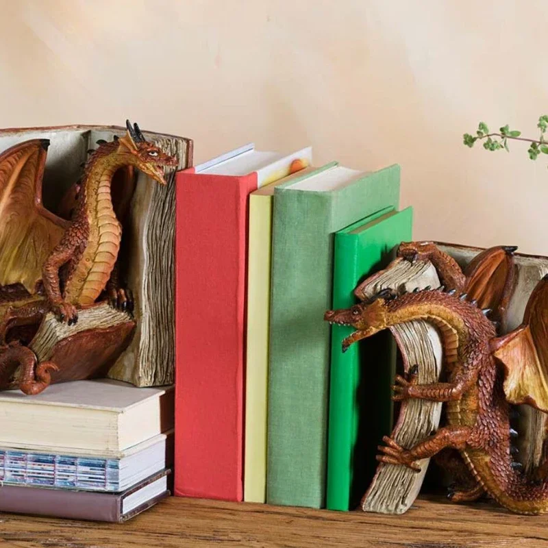 A Pair Resin Dragon Sculpture Bookend Art Crafts Desktop Book Stopper Accessories for Study Room Home Office Ornament Cute Gift