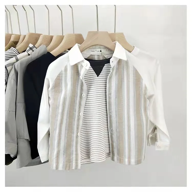 

2022 Spring and Autumn Children's Striped Shirts Korean New Products Children's Baby Cotton Linen Shirts Lapel Shirts