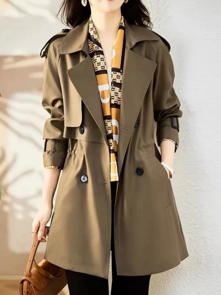 

Модное женское пальто средней длины для весны и осени: дизайнерская новинка, стройнящий силуэт, корейский стиль, для повседневной носки, полиэстер