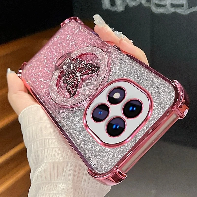 Glitter Luxury Butterfly Bracket Plating Frame Soft Case For Redmi Note 15 14 Pro Plus 4/5G 15C 14C A5 Anti-Drop Protect Cover