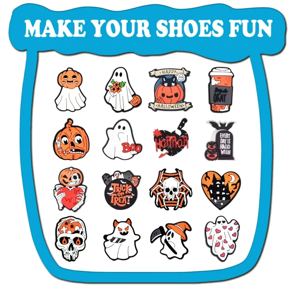 16pcs Halloween Pumpkin Ghost Shoes Charms for Clogs Sandals Decoration PVC Festival Shoe Accessories Charms for Friends Gifts